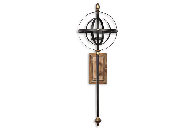 Posing like a mighty scepter, the Dina wall sconce has a stately air. Ample scale commands any room. Industrial black and goldtone metal is grounded with natural wood distressing. Top sphere with candle holder illuminates your space with great visual interest.Made of metal and wood with cast resin components | Holds 1 pillar candle (not included) | Keyhole bracket hanger | Clean with a soft, dry cloth