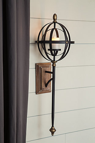Posing like a mighty scepter, the Dina wall sconce has a stately air. Ample scale commands any room. Industrial black and goldtone metal is grounded with natural wood distressing. Top sphere with candle holder illuminates your space with great visual interest.Made of metal and wood with cast resin components | Holds 1 pillar candle (not included) | Keyhole bracket hanger | Clean with a soft, dry cloth