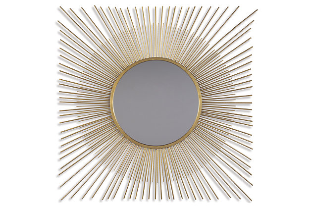 The Elspeth accent mirror is a contemporary musing. Breathtaking sunburst design shines in goldtone metal. Beautifully large scale makes this piece the center of attention.Mirrored glass with goldtone metal | Keyhole bracket hanger | Clean with a soft, dry cloth