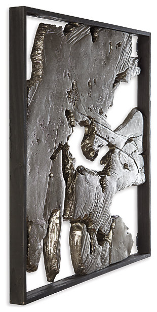 Create a fascinating focal point in any room using the Fabiana square framed wall sculpture. Bring depth to any wall with its three dimensional large tree cross-section design. The cross-section is embellished in lustrous silver finished magnesium oxide that contrasts beautifully with the black frame. With all these unique elements, this sculpture easily complements a modern decor.Made of magnesium oxide and wood | Silver and black finish | Sawtooth hanger | Hang horizontally or vertically | Clean with a soft, dry cloth