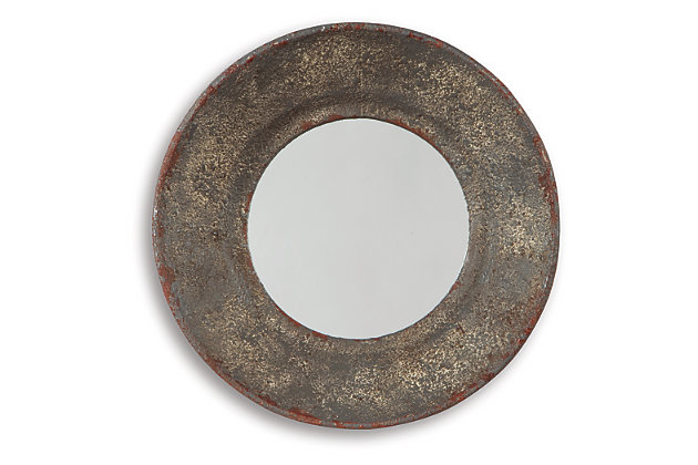 Lust for rust. If you’re all over distressed decor, you’re sure to find the Carine round accent mirror beautifully reflects your fine taste. Simply striking, the round tapered metal frame looks all the better for the wear.Made of metal and mirrored glass | Keyhole bracket | Clean with a soft dry cloth; spray with glass cleaner and wipe dry