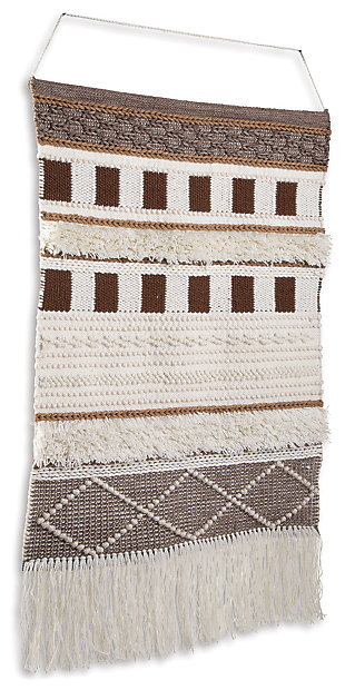 Dream weaver. What else would you call this wonderfully textural tapestry in soothing neutral tones? Channeling the spirit of boho-chic design, this wall hanging will add interest to your wall-scape, inside or out.Made of polyester | Shades of brown and natural | Indoor/outdoor safe | Braided cord for hanging