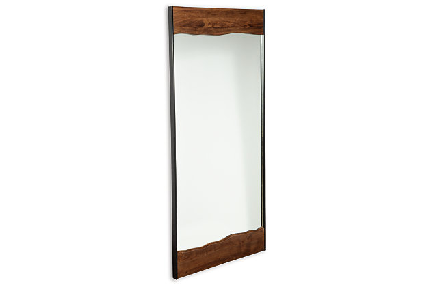 Simply striking and strikingly simple. The Panchali’s ultra clean lines and a mixed-media frame of brown finished wood and black finished metal make this floor mirror a complementary choice for so many spaces.Wood, mirrored glass and metal | Faux live-edge design | Keyhole hanger | Vertical handing only