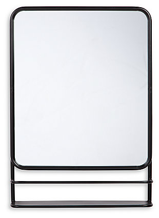 Create a layered look with this contemporary Ebba accent mirror. With its thin metal frame in a black finish and a shelf that functions as a decorative or storage space, this mirror is a versatile and stylish addition to your home.Black finished metal | Includes shelf | Keyhole bracket for hanging | Vertical hanging only