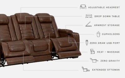 With its fashion-forward sense of style, the Backtrack power reclining sofa has you covered with high-tech advancements and down-home comfort. For starters, the seating area and armrests are upholstered in real leather for true indulgence where it matters most. Love being pampered? With the touch of a button, experience the pure bliss of an air massage system (with three settings), or chill out with the heated seat element. Distinctive elements of this power recliner include contemporary waterfall tufting that beautifully goes with the flow and a zero-gravity mechanism further raising the ottoman for better blood flow. Dual-sided recliner | One-touch power control with adjustable positions, Easy View™ adjustable headrest and zero-draw USB plug-in | Zero-draw technology only consumes power when the USB receptacle is in use | Air massage system includes 3 settings: steady, pulse and wave (with automatic 20-minute shutoff feature) | Heat in the seat element (with automatic 30-minute shutoff feature) | Corner-blocked frame with metal reinforced seat | Attached back and seat cushions | High-resiliency foam cushions wrapped in thick poly fiber | Hidden armrest storage compartments | Zero-gravity mechanism (raises the ottoman to 23" off the floor for improved blood flow) | Extended ottoman for enhanced comfort | Leather interior seating; vinyl/polyester exterior upholstery | Middle seat with flip-down table and 2 cup holders | Estimated Assembly Time: 15 Minutes