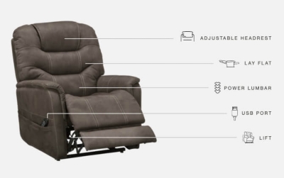 Take charge of your seating with the Ballister power lift recliner. Its easy power button motion control allows you the full spectrum of comfort—from a gentle lift-and-tilt for standing up to a lay flat design ideal for an afternoon snooze. Not much gets past the power adjustable headrest and lumbar support, or even the independent motor controls to get that just right position. You’ll always stay connected with the included USB charging port in the power control, and relish in the hours of versatile support that never stops giving.One-touch (hand control) power button with adjustable positions | Easy View™ power adjustable headrest and power lumbar support | Corner-blocked frame with metal reinforced seat | Attached back and seat cushions | High-resiliency foam cushions wrapped in thick poly fiber | Side pocket storage | Includes USB charging port in the power control | Dual motors control the footrest and back independently for custom comfort positioning | Lay flat design for extended naptime comfort | Polyester upholstery | Compatible with emergency battery backup (sold separately), in case of power outage | Power cord included; UL Listed | Estimated Assembly Time: 15 Minutes