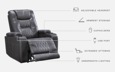 Movie nights will be forever changed with the Composer power recliner. The adjustable Easy View™ headrest allows a primo view of the TV no matter how far back you recline and the extended ottoman provides extra room to really stretch out. Ultra-cool lattice stitching elevates the look and ambient LED lighting completes the theater-style experience. So relax, kick off your shoes and enjoy the show.One-touch power control with adjustable positions | Corner-blocked frame with metal reinforced seat | Attached back and seat cushions | High-resiliency foam cushions wrapped in thick poly fiber | Easy View™ power adjustable headrest | Includes USB charging port in the power control | Extended ottoman for enhanced comfort | Ambient blue LED lighting on cup holders and base for a theater-style experience | Polyester/polyurethane upholstery | Power cord included; UL Listed | Estimated Assembly Time: 15 Minutes