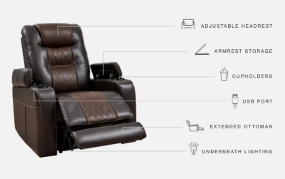 Movie nights will be forever changed with the Composer power recliner. The adjustable Easy View™ headrest allows a primo view of the TV no matter how far back you recline and the extended ottoman provides extra room to really stretch out. Ultra-cool lattice stitching elevates the look and ambient LED lighting completes the theater-style experience. So relax, kick off your shoes and enjoy the show.One-touch power control with adjustable positions | Corner-blocked frame with metal reinforced seat | Attached cushions | High-resiliency foam cushions wrapped in thick poly fiber | Easy View™ power adjustable headrest | Includes USB charging port in the power control | Extended ottoman for enhanced comfort | Ambient blue LED lighting on cup holders and base for a theater-style experience | Polyester/polyurethane upholstery | Power cord included; UL Listed | Estimated Assembly Time: 15 Minutes