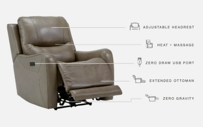 The Galahad power recliner might look crisp, clean and lean, but it’s packed with technologically advanced features that truly elevate the art of relaxation. Its zero-gravity mechanism lifts the ottoman four inches higher than traditional recliners (23" off the floor) for better blood flow from your legs to your heart. With the touch of a button, let the stress of the day float away care of an air massage system (with three pampering settings)—or get warm and toasty thanks to a heated seat element. While ultra streamlined, this designer recliner doesn’t cut corners when it comes to quality. The seating area and armrests are upholstered in genuine leather for incomparable comfort—where it counts. Crosshatch stitching adds fashion-forward flair.One-touch power control with adjustable positions, Easy View™ adjustable headrest and zero-draw USB plug-in | Zero-draw technology only consumes power when the USB receptacle is in use | Air massage system includes 3 settings: steady, pulse and wave (with automatic 20-minute shutoff feature) | Heat in the seat element (with automatic 30-minute shutoff feature) | Corner-blocked frame with metal reinforced seat | Attached back and seat cushions | High-resiliency foam cushions wrapped in thick poly fiber | Zero-gravity mechanism (raises the ottoman to 23" off the floor for improved blood flow) | Extended ottoman for enhanced comfort | Leather interior upholstery; vinyl/polyester exterior upholstery | Power cord included; UL Listed | Estimated Assembly Time: 15 Minutes