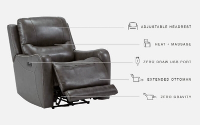 The Galahad power recliner might look crisp, clean and lean, but it’s packed with technologically advanced features that truly elevate the art of relaxation. Its zero-gravity mechanism lifts the ottoman four inches higher than traditional recliners (23" off the floor) for better blood flow from your legs to your heart. With the touch of a button, let the stress of the day float away care of an air massage system (with three pampering settings)—or get warm and toasty thanks to a heated seat element. While ultra streamlined, this designer recliner doesn’t cut corners when it comes to quality. The seating area and armrests are upholstered in genuine leather for incomparable comfort—where it counts. Crosshatch stitching adds fashion-forward flair.One-touch power control with adjustable positions, Easy View™ adjustable headrest and zero-draw USB plug-in | Zero-draw technology only consumes power when the USB receptacle is in use | Air massage system includes 3 settings: steady, pulse and wave (with automatic 20-minute shutoff feature) | Heat in the seat element (with automatic 30-minute shutoff feature) | Corner-blocked frame with metal reinforced seat | Attached back and seat cushions | High-resiliency foam cushions wrapped in thick poly fiber | Zero-gravity mechanism (raises the ottoman to 23" off the floor for improved blood flow) | Extended ottoman for enhanced comfort | Leather interior upholstery; vinyl/polyester exterior upholstery | Power cord included; UL Listed | Estimated Assembly Time: 15 Minutes