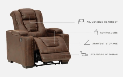 When it comes to style, you’ve got game. Rest assured, the Owner’s Box power recliner is sure to win you over with its ultra-cool looks and major league features. Showcasing all the bells and whistles, this designer recliner is inspired by sports car interiors—with a fabulous faux leather accentuated with horizontal channel tufting. An advanced one-touch power control with an Easy View™ power headrest puts you in the driver’s seat. Dual cup holders and armrests with hidden storage take the form and function to another level.One-touch power control with adjustable positions | Easy View™ adjustable headrest | Corner-blocked frame with metal reinforced seat | Attached cushions | High-resiliency foam cushions wrapped in thick poly fiber | Faux leather upholstery | Each armrest includes storage compartment and cup holder | Extended ottoman for enhanced comfort | Power cord included; UL Listed | Exposed feet with faux wood finish | Estimated Assembly Time: 15 Minutes