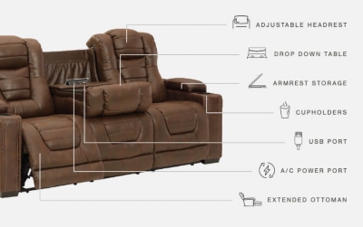 When it comes to style, you’ve got game. Rest assured, the Owner’s Box power reclining sofa is sure to win you over with its ultra-cool looks and major league features. Showcasing all the bells and whistles, this designer reclining sofa is inspired by sports car interiors—with a fabulous faux leather accentuated with horizonal channel tufting. An advanced one-touch power control with an Easy View™ power headrest puts you in the driver’s seat. Dual cup holders and armrests with hidden storage take the form and function to another level, while a middle seat with drop-down table, cup holders and docking station cater to your every want and need.Dual-sided recliner | One-touch power control with adjustable positions | Easy View™ adjustable headrest | Corner-blocked frame with metal reinforced seat | Attached cushions | High-resiliency foam cushions wrapped in thick poly fiber | Faux leather upholstery | Each armrest includes storage compartment and cup holder | Extended ottoman for enhanced comfort | Drop down table with 2 cup holders plus A/C power and USB ports for charging electronics | Power cord included; UL Listed | Exposed feet with faux wood finish | Estimated Assembly Time: 15 Minutes