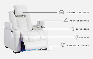 The Party Time power reclining loveseat takes its cue from luxury automobiles with lattice and crosshatch stitching, for a richly tailored aesthetic that gives you plenty of reasons to celebrate. Sumptuously padded cushions and crisp white faux leather upholstery add to the indulgence. When it’s time to rev up the action, the dual reclining bucket seats, Easy View™ power adjustable headrests and center console with docking station keep you in the driver’s seat. Ambient blue LED lighting on the base and cup holders completes the theater-style experience.Polyester/polyurethane upholstery | Corner-blocked frame with metal reinforced seat | Attached back and seat cushions | High-resiliency foam cushions wrapped in thick poly fiber | One-touch power control with adjustable positions, Easy View™ adjustable headrest and USB plug-in | Flip up padded armrests with hidden storage | LED lighting on cup holders and base for theater-style experience | Power cord included; UL Listed | Estimated Assembly Time: 15 Minutes