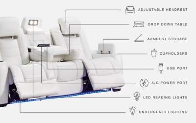 The Party Time power reclining sofa takes its cue from luxury automobiles with lattice and crosshatch stitching, for a richly tailored aesthetic that gives you plenty of reasons to celebrate. Sumptuously padded cushions and crisp white faux leather upholstery add to the indulgence. When it’s time to rev up the action, the dual reclining bucket seats (middle seat is stationary), Easy View™ power adjustable headrests and a center seat that folds down into a table keep you in the driver’s seat. Ambient blue LED lighting on the base and cup holders completes the theater-style experience.Dual-sided recliner | Polyester/polyurethane upholstery | Corner-blocked frame with metal reinforced seat | Attached back and seat cushions | High-resiliency foam cushions wrapped in thick poly fiber | One-touch power control with adjustable positions, Easy View™ adjustable headrest and USB plug-in | Flip up padded armrests with hidden storage | Drop down table with 2 cup holders and a handy docking station for charging electronics | Flip up LED light (under center seat headrest) | LED lighting on cup holders and base for theater-style experience | Power cord included; UL Listed | Estimated Assembly Time: 15 Minutes