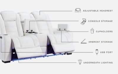 The Party Time power reclining loveseat takes its cue from luxury automobiles with lattice and crosshatch stitching, for a richly tailored aesthetic that gives you plenty of reasons to celebrate. Sumptuously padded cushions and crisp white faux leather upholstery add to the indulgence. When it’s time to rev up the action, the dual reclining bucket seats, Easy View™ power adjustable headrests and center console with docking station keep you in the driver’s seat. Dual-sided recliner | Polyester/polyurethane upholstery | Corner-blocked frame with metal reinforced seat | Attached back and seat cushions | High-resiliency foam cushions wrapped in thick poly fiber | One-touch power control with adjustable positions, Easy View™ adjustable headrest and USB plug-in | Flip up padded armrests with hidden storage | Center console with cup holders and underneath storage | Ambient blue LED lighting on cup holders and base for a theater-style experience | Power cord included; UL Listed | Estimated Assembly Time: 15 Minutes