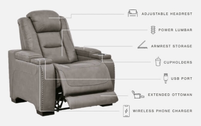 Reserved for him and made for her, The Man-Den power recliner in gray delivers all the comfort and style you could ask for. Inspired by sports car interiors, the seating area is covered in real leather for your pleasure, with a “perforated automotive” treatment for that much more appeal. Positioned at your fingertips, the advanced one-touch power control puts you in the driver’s seat with everything from an Easy View™ power headrest and power lumbar support, to a USB port and wireless charging for your phone. And with an integrated cup holder and hidden storage compartments under the posh, padded armrests, this designer power recliner makes the most of every inch of space.One-touch power control with Easy View™ power adjustable headrest, power lumbar support, USB charging and wireless phone charging | Wireless charger accommodates later model smartphones, including Apple iPhone, Samsung Galaxy, Huawei Mate and Nokia Lumia | Corner-blocked frame with metal reinforced seat | Attached cushions | 43" high back | High-resiliency foam cushions wrapped in thick poly fiber | Leather interior upholstery (with perforated details); vinyl/polyester exterior upholstery | Each armrest includes storage compartment | Cup holder (with 2 layers to accommodate drink containers) | Extended ottoman for enhanced comfort | Nailhead trim | Power cord included; UL Listed | Estimated Assembly Time: 15 Minutes