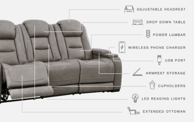 Reserved for him and made for her, The Man-Den power reclining sofa in gray delivers all the comfort and style you could ask for. Inspired by sports car interiors, the seating area is covered in real leather for your pleasure, with a “perforated automotive” treatment for that much more appeal. Positioned at your fingertips, the advanced one-touch power control puts you in the driver’s seat with everything from an Easy View™ power headrest and power lumbar support, to a USB port and wireless charging for your phone. Talk about fully loaded. The middle seat reveals a pull-down table with dimmable reading lights and cup holders. And with integrated cup holders and hidden storage compartments under the posh, padded armrests, this designer power reclining sofa makes the most of every inch of space.Dual-sided recliner | One-touch power control with Easy View™ power adjustable headrest, power lumbar support, USB charging and wireless phone charging | Wireless charger accommodates later model smartphones, including Apple iPhone, Samsung Galaxy, Huawei Mate and Nokia Lumia | Corner-blocked frame with metal reinforced seat | Attached cushions | 43" high back | High-resiliency foam cushions wrapped in thick poly fiber | Leather interior upholstery (with perforated details); vinyl/polyester exterior upholstery | Pull-down table with 2 cup holders (with 2 layers to accommodate drink containers) dimmable reading lights and magazine storage | Each armrest includes storage compartment | Extended ottoman for enhanced comfort | Nailhead trim | Power cord included; UL Listed | Estimated Assembly Time: 15 Minutes