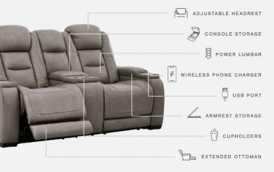 Reserved for him and made for her, The Man-Den power reclining loveseat in gray delivers all the comfort and style you could ask for. Inspired by sports car interiors, the seating area is covered in real leather for your pleasure, with a “perforated automotive” treatment for that much more appeal. Positioned at your fingertips, the advanced one-touch power control puts you in the driver’s seat with everything from an Easy View™ power headrest and power lumbar support, to a USB port and wireless charging for your phone. Talk about fully loaded. And with integrated cup holders and hidden storage compartments under the posh, padded armrests, this designer power reclining loveseat makes the most of every inch of space.Dual-sided recliner | One-touch power control with Easy View™ power adjustable headrest, power lumbar support, USB charging and wireless phone charging | Wireless charger accommodates later model smartphones, including Apple iPhone, Samsung Galaxy, Huawei Mate and Nokia Lumia | Corner-blocked frame with metal reinforced seat | Attached cushions | 43" high back | High-resiliency foam cushions wrapped in thick poly fiber | Leather interior upholstery (with perforated details); vinyl/polyester exterior upholstery | Storage console with 2 cup holders (with 2 layers to accommodate drink containers) | Each armrest includes storage compartment | Extended ottoman for enhanced comfort | Nailhead trim | Power cord included; UL Listed | Estimated Assembly Time: 15 Minutes