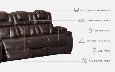 Your modern living room awaits with the Warnerton power reclining sofa. Complete with practical faux leather upholstery, one-touch power controls, adjustable headrests and USB ports, it makes finding the best seat in the house a breeze. What a perk that the center seat is crafted with a drop-down table with power/USB plug-ins and dual cup holders. Armrests with storage and cup holders keep drinks, snacks and remotes close by. Go ahead—treat yourself to a high-design home theater experience, priced to put you at ease.Dual-sided recliner; middle seat remains stationary | One-touch power controls with adjustable positions | Corner-blocked frame with metal reinforced seat | Attached cushions | High-resiliency foam cushions wrapped in thick poly fiber | Easy View™ power adjustable headrests | Each armrest with flip-top storage and cup holder | Drop-down table with AC power/USB plug-ins and 2 cup holders | USB charging port in power control | Polyester/polyurethane upholstery | Power cord included; UL Listed | Estimated Assembly Time: 30 Minutes