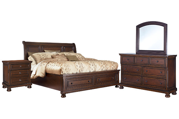 The quality craftsmanship is clear to see. The signature design elements—including handsome lines, inlaid panels, antiqued hardware and stately moulding—are easy to love. Satisfying your taste for heritage classic style, the Porter bedroom set is elegant without looking fussy. Finer details, including dovetail construction and felt-lined top drawers, make it a choice sure to impress for years to come.Includes bed (with headboard, footboard, rails and roll slats), dresser with mirror and chest  | Made of veneers, wood and engineered wood  | Hand-finished | Footboard has 2 storage drawers with dovetail construction and bun feet | Dresser has 7 smooth-gliding drawers with dovetail construction (top drawers felt lined; bottom drawers cedar lined); felt-lined pull-out tray behind top middle drawer | Chest has 5 smooth-gliding drawers with dovetail construction (top drawer felt lined; bottom drawers cedar lined) | Dark bronze-tone hardware | Mirror attaches to back of dresser | Included slats eliminate need for foundation/box spring | Mattress available, sold separately | Assembly required | Estimated Assembly Time: 15 Minutes