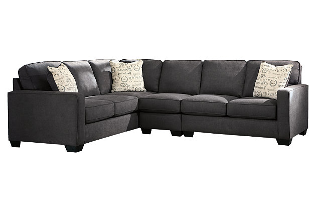 The sleek mid-century lines of the Alenya sectional are always in vogue. With neatly tailored box cushions and track arms, this microfiber upholstered ensemble is supremely comfortable and stylish. Tonal piping and a trio of accent pillows are touches of refinement.Includes 3 pieces: right-arm facing loveseat, armless chair and left-arm facing sofa | "Left-arm" and "right-arm" describes the position of the arm when you face the piece | Corner-blocked frame | Attached back and loose seat cushions | High-resiliency foam cushions wrapped in thick poly fiber | 3 decorative pillows included | Pillows with soft polyfill | Polyester/nylon upholstery; linen/viscose and polyester/nylon pillows | Exposed legs with faux wood finish | Estimated Assembly Time: 10 Minutes