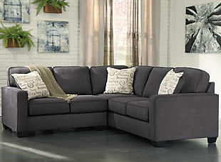 The sleek mid-century lines of the Alenya sectional are always in vogue. With neatly tailored box cushions and track arms, this microfiber upholstered ensemble is supremely comfortable and stylish. Tonal piping and a trio of accent pillows are touches of refinement.Includes 2 pieces: right-arm facing loveseat and left-arm facing sofa | "Left-arm" and "right-arm" describes the position of the arm when you face the piece | Corner-blocked frame | Attached back and loose seat cushions | High-resiliency foam cushions wrapped in thick poly fiber | 3 decorative pillows included | Pillows with soft polyfill | Polyester/nylon upholstery; linen/viscose and polyester/nylon pillows | Exposed legs with faux wood finish | Estimated Assembly Time: 5 Minutes