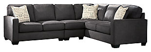 The sleek mid-century lines of the Alenya sectional are always in vogue. With neatly tailored box cushions and track arms, this microfiber upholstered ensemble is supremely comfortable and stylish. Tonal piping and a trio of accent pillows are touches of refinement.Includes 3 pieces: right-arm facing sofa, armless chair and left-arm facing loveseat | "Left-arm" and "right-arm" describes the position of the arm when you face the piece | Corner-blocked frame | Attached back and loose seat cushions | High-resiliency foam cushions wrapped in thick poly fiber | 3 decorative pillows included | Pillows with soft polyfill | Polyester/nylon upholstery; linen/viscose and polyester/nylon pillows | Exposed legs with faux wood finish | Estimated Assembly Time: 10 Minutes