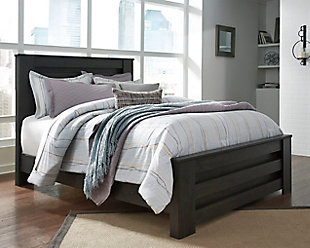 Priced to entice and styled to impress, the alluring Brinxton queen panel bed is urban sophistication with a decidedly relaxed air. It’s got the crisp, clean lines of a contemporary piece, but with an earthy element. Deep, horizontal grooves infuse depth and dimension, a replicated oak grain effect gives the charcoal gray finish warmth and character. Mattress and foundation/box spring sold separately.Includes headboard, footboard and rails | Made with engineered wood (MDF/particleboard) and decorative laminate | Dark charcoal finish over replicated oak grain | Foundation/box spring required, sold separately | Mattress available, sold separately | Assembly required | Estimated Assembly Time: 10 Minutes