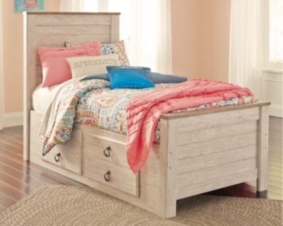 Willowton Twin Panel Bed with 2 Storage Drawers, Whitewash, large