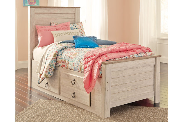 Willowton Twin Panel Bed With 2 Storage, Oak Twin Bed With Storage Drawers