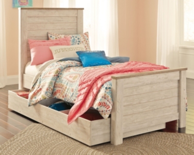 Willowton Twin Panel Bed with 1 Large Storage Drawer, Whitewash, large