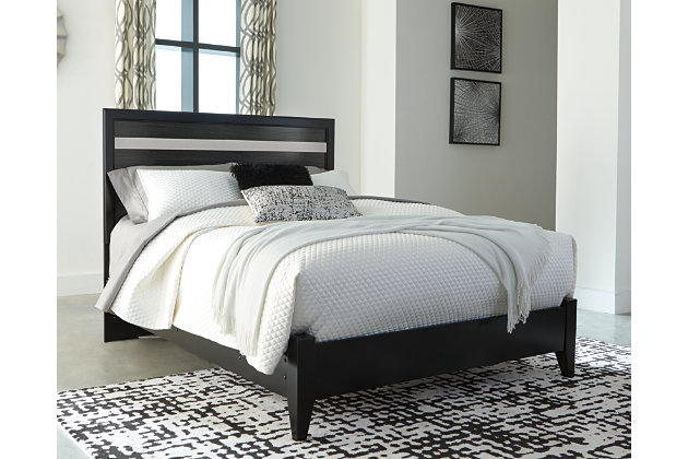 Starry, starry nights. Inspired by Hollywood glam, the richly styled Starberry queen panel bed steals the show in a simply stunning way. The bed’s replicated walnut grain is enriched with a high-gloss black finish, made even more dramatic with a strip of sleek silver glitter banding that accentuates a clean-lined, contemporary aesthetic. Mattress and foundation/box spring available, sold separately.Includes headboard and footboard with rails | Made of engineered wood (MDF/particleboard) and decorative laminate | High gloss black finish with replicated straight silver walnut grain framed in black finish | Silvertone glitter accent | Foundation/box spring required, sold separately | Mattress available, sold separately | Assembly required | Estimated Assembly Time: 5 Minutes