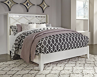 Love sleek and bold contemporary style? Live the dream with the Dreamur queen panel bed. Eye-catching details include 3D pressed design with beveled mirror banding and faux crystal accents for an added touch of sheen and shine. A clean-lined profile balances the look with sheer simplicity. Mattress and foundation/box spring available, sold separately.Includes headboard, footboard and rails | Made of engineered wood (MDF/particleboard) | Mirrored banding | Faux crystal hardware | Assembly required | Foundation/box spring required, sold separately | Mattress available, sold separately | Estimated Assembly Time: 5 Minutes