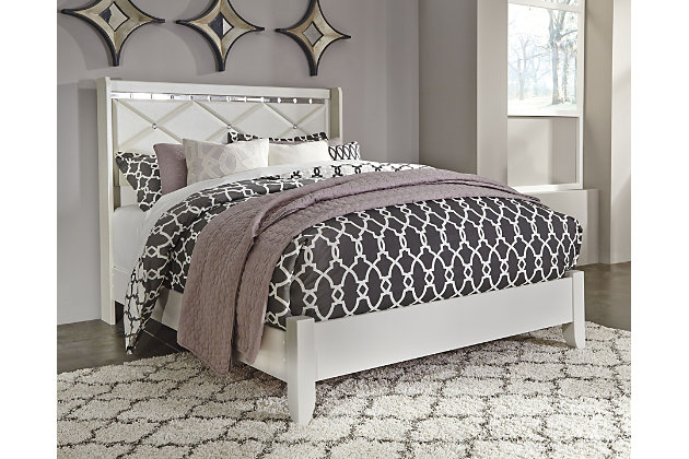Love sleek and bold contemporary style? Live the dream with the Dreamur queen panel bed. Eye-catching details include 3D pressed design with beveled mirror banding and faux crystal accents for an added touch of sheen and shine. A clean-lined profile balances the look with sheer simplicity. Mattress and foundation/box spring available, sold separately.Includes headboard, footboard and rails | Made of engineered wood (MDF/particleboard) | Mirrored banding | Faux crystal hardware | Assembly required | Foundation/box spring required, sold separately | Mattress available, sold separately | Estimated Assembly Time: 5 Minutes