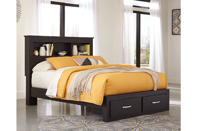 Reylow Queen Bookcase Bed With 2, Queen Bed With Storage Underneath And Bookcase Headboard
