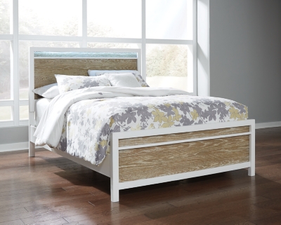 Gardomi Queen Panel Bed, White/Light Brown, large