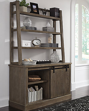 Who says you have to live on a farm to have farmhouse style? Get the look with the trendsetting Luxenford large credenza with hutch. Distressed gray brown finish and faux bluestone top inset express character. Charming barn door slides to reveal your home office equipment or dining essentials. Hutch shelves put your books or dinnerware on display. Yes, this good-looking set is suitable for multiple rooms.Includes large credenza and hutch | Made of wood, white oak veneers and engineered wood | Wire brushed gray-brown finish with metallic undertones | Dark gray hardware | Credenza with 1 sliding door and 1 shelf | Hutch with 3 shelves | Assembly required | Estimated Assembly Time: 65 Minutes