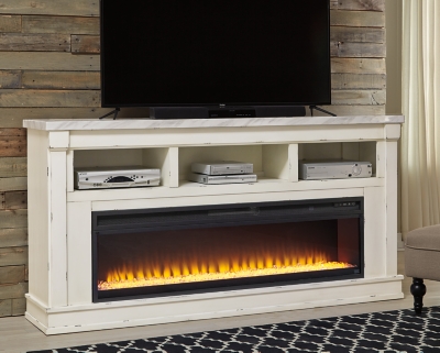 white tv console with electric fireplace