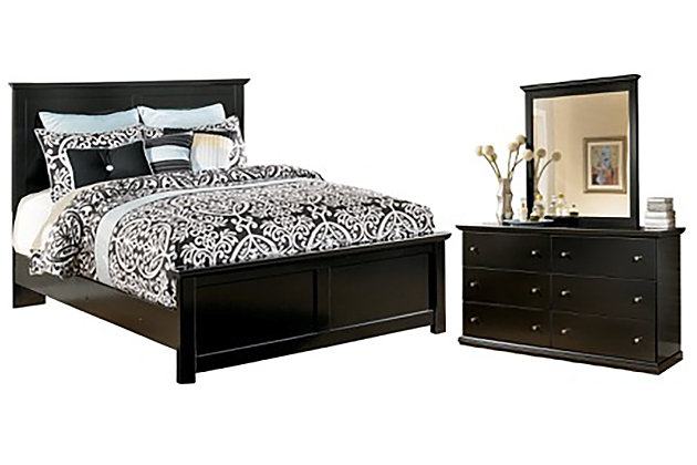 Clean, simple and beautiful. The Maribel bedroom set with queen bed, dresser and mirror masters the art of less-is-more style. This easy-to-love look makes just the right statement, whether your taste leans toward classic or contemporary. Mattress and foundation/box spring available, sold separately.Excluded from promotional discounts and coupons | Bedroom set includes queen bed headboard, footboard and rails; dresser and mirror | Made of engineered wood | Dresser with pewter-tone hardware; 6 smooth-operating drawers | Mirror attaches to back of dresser | Assembly required | Mattress and foundation/box spring available, sold separately