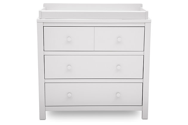 This 3 Drawer Dresser Set from Delta Children features classic and timeless style that can go with a variety of decor styles. Constructed with quality pine wood and engineered wood, this sturdy dresser is built to last your child from birth until their teen years. The dresser also has a smooth metal glide system with safety stops that prevent drawers from pulling out, so it is easy and safe for kids to manage on their own. Add additional functionality to your dresser with the Delta Changing Top. The Changing Top securely attaches to the dresser, offering a dedicated space for changing or dressing your baby. Once your child has outgrown the need for a changing table, the top can easily be removed. Changing pad required (sold separately).Includes Delta 3 Drawer Dresser and Changing Top | Made of wood, engineered wood and metal | Top drawer features a double drawer front that opens to reveal one spacious drawer | 3 spacious drawers feature metal drawer guides with safety stops | Solid wood changing top securely mounts to the dresser, removes easily | Requires a 34" x 16" x 1" changing pad (sold separately) | Assembly required | For any questions regarding Delta Children products, please contact consumersupport@deltachildren.com. Monday to Friday, 8:30 a.m. to 6 p.m. (EST)
