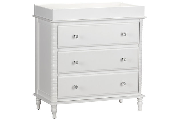 Let them outgrow their clothes, not their furniture. Offering a sweet yet sophisticated look inspired by cottage design, the quality-built Little Seeds Rowan Valley Linden 3-drawer dresser has a sense of staying power you’re sure to love. Just remove the changing table top to convert it to a dresser. It’s a brilliant choice whether it’s in the nursery, or a teen’s room.Includes 3-drawer dresser and changing table | Made of engineered wood/laminated particle board with solid wood feet | Non-toxic white finish | 3 smooth-gliding drawers with metal slides | Changing table topper fits most standard-size changing pads (sold separately) | 2 sets of knobs included (crystal inspired and metal) for a customized look | Anti-tip kit included for extra protection | 1-year warranty | Assembly required | Ships in 2 boxes