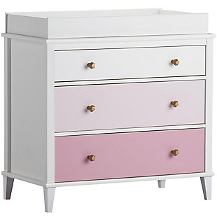 Let them outgrow their clothes, not their furniture. Offering a sweet yet sophisticated look inspired by cottage design, the quality-built Monarch Hill Poppy 3-drawer dresser has a sense of staying power you’re sure to love. Just remove the changing table top to convert it to a dresser. It’s a darling choice whether it’s in the nursery, or a teen’s room.Includes 3-drawer dresser and changing table | Made of engineered wood/laminated particle board | Non-toxic, three-tone (white, light pink and dark pink) finish | 3 smooth-gliding drawers | Changing table topper fits most standard size changing pads (sold separately) | 2 sets of metal knobs for customized look | Anti-tip kit included for extra protection | 1-year warranty | Assembly required | Ships in 2 boxes