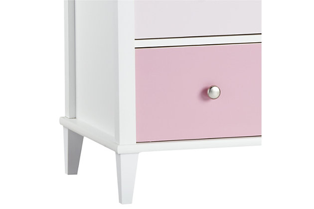 Let them outgrow their clothes, not their furniture. Offering a sweet yet sophisticated look inspired by cottage design, the quality-built Monarch Hill Poppy 3-drawer dresser has a sense of staying power you’re sure to love. Just remove the changing table top to convert it to a dresser. It’s a darling choice whether it’s in the nursery, or a teen’s room.Includes 3-drawer dresser and changing table | Made of engineered wood/laminated particle board | Non-toxic, three-tone (white, light pink and dark pink) finish | 3 smooth-gliding drawers | Changing table topper fits most standard size changing pads (sold separately) | 2 sets of metal knobs for customized look | Anti-tip kit included for extra protection | 1-year warranty | Assembly required | Ships in 2 boxes