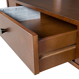 What's amazing about mid-century style is that it doesn't go out of style. The design of the Bristian vanity set is perfect for bringing simplicity, eye-catching beauty and versatility to your space. You’ll love the spacious tabletop, which gives you room for keeping perfume bottles, trinkets and more within reach. A handy drawer provides enough space to keep small items organized. Best of all, the large adjustable mirror can easily be tilted to suit your height. The matching stool has an inviting cushioned top that's plush and upholstered in a neutral patterned fabric. This set also easily complements traditional decor.Made of rubberwood, wood, engineered wood, birch veneer, foam and fabric | Walnut-colored finish | Adjustable mirror | Storage drawer | Includes stool with plush cushioned top upholstered in a neutral patterned fabric | Assembly required
