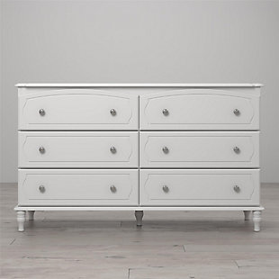 Just because they’re outgrowing their clothes doesn’t mean they should outgrow their bedroom furniture. Offering a sweet yet sophisticated look inspired by cottage design, the quality-built Rowan Valley Laren 6-drawer dresser has a sense of staying power you’re sure to love. What a brilliant choice—everywhere from the nursery to a tween or teen’s room.Made of engineered wood/laminated particle board with solid wood feet | Non-toxic white finish | 6 smooth-gliding drawers with metal slides | Changing table topper available (sold separately) | 2 sets of knobs included (crystal inspired and metal) for a customized look | Top surface can hold up to 100 lbs. and each drawer can support up to 35 lbs. | Meets or exceeds the CPSIA juvenile testing requirements | Anti-tip kit included for extra protection | 1-year warranty | Assembly required | Ships in 2 boxes