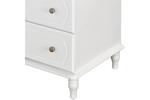 Just because they’re outgrowing their clothes doesn’t mean they should outgrow their bedroom furniture. Offering a sweet yet sophisticated look inspired by cottage design, the quality-built Rowan Valley Laren 6-drawer dresser has a sense of staying power you’re sure to love. What a brilliant choice—everywhere from the nursery to a tween or teen’s room.Made of engineered wood/laminated particle board with solid wood feet | Non-toxic white finish | 6 smooth-gliding drawers with metal slides | Changing table topper available (sold separately) | 2 sets of knobs included (crystal inspired and metal) for a customized look | Top surface can hold up to 100 lbs. and each drawer can support up to 35 lbs. | Meets or exceeds the CPSIA juvenile testing requirements | Anti-tip kit included for extra protection | 1-year warranty | Assembly required | Ships in 2 boxes