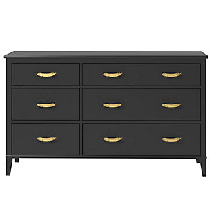 In the mood for a change? This Little Seeds Monarch Hill Hawken 6-drawer dresser includes two sets of pulls—streamlined silvertone or a stylized goldtone feather—so you can customize the look to suit your space. Sporting a dramatic dark finish and an updated design, this versatile piece provides all the roomy storage you need to keep your child’s clothes neat and organized. Whether you settle on silver or go for the gold, you'll have a dresser that will make a lasting impression.Made of engineered wood/laminated particle board | Non-toxic matte black finish | 6 smooth-gliding drawers with metal slides | Changing table topper available (sold separately) | 2 sets of metal drawer pulls (goldtone feather and silvertone) for a customized look | Anti-tip kit included for extra protection | Assembly required | Ships in 2 boxes | Includes tipover restraint device