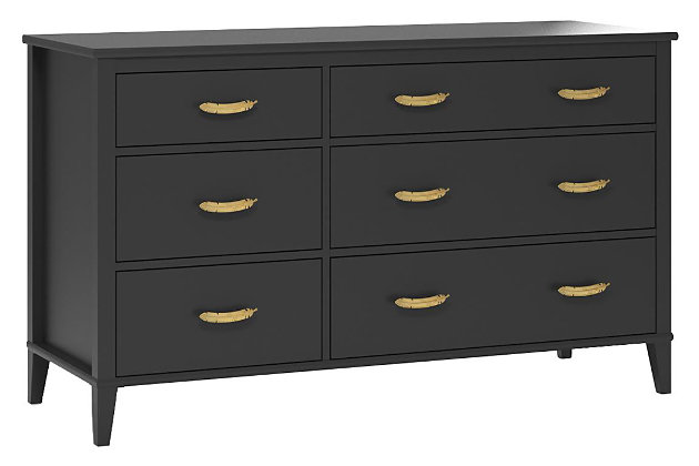 In the mood for a change? This Little Seeds Monarch Hill Hawken 6-drawer dresser includes two sets of pulls—streamlined silvertone or a stylized goldtone feather—so you can customize the look to suit your space. Sporting a dramatic dark finish and an updated design, this versatile piece provides all the roomy storage you need to keep your child’s clothes neat and organized. Whether you settle on silver or go for the gold, you'll have a dresser that will make a lasting impression.Made of engineered wood/laminated particle board | Non-toxic matte black finish | 6 smooth-gliding drawers with metal slides | Changing table topper available (sold separately) | 2 sets of metal drawer pulls (goldtone feather and silvertone) for a customized look | Anti-tip kit included for extra protection | Assembly required | Ships in 2 boxes | Includes tipover restraint device