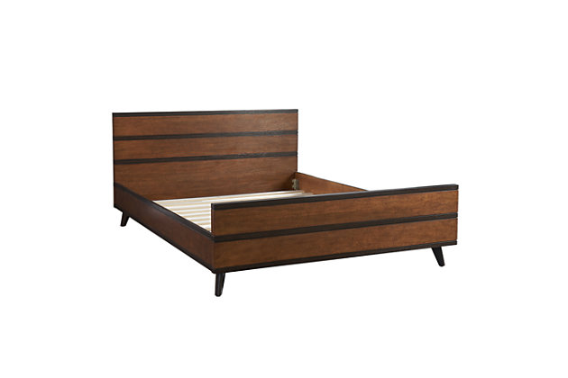 With its clean-lined profile, distinctive splayed legs and chic, dark striped accents, this queen platform bed has all the hallmarks of modern mid-century style. Rest easy, the rich walnut-tone finish may look top of the line, but it comes at a budget-friendly price. And the platform base provides a supportive, restful sleep without the need for a box spring or foundation.Made of engineered wood and wood | Includes headboard, footboard, rails and wood slats | Bed does not require a foundation/box spring | Assembly required | Ships in 2 boxes | Mattress available, sold separately