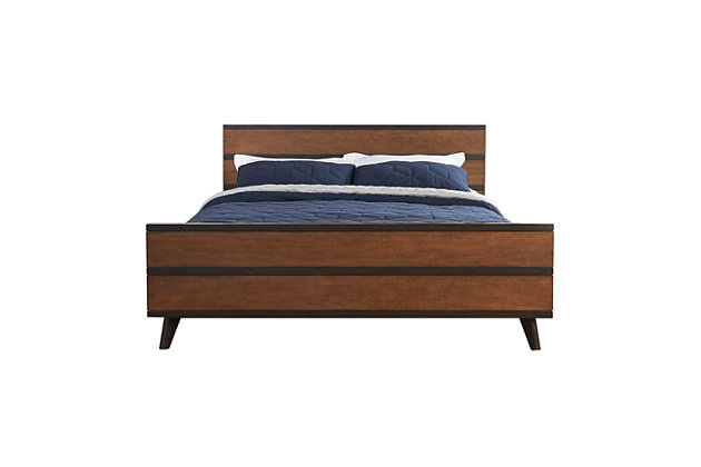 With its clean-lined profile, distinctive splayed legs and chic, dark striped accents, this queen platform bed has all the hallmarks of modern mid-century style. Rest easy, the rich walnut-tone finish may look top of the line, but it comes at a budget-friendly price. And the platform base provides a supportive, restful sleep without the need for a box spring or foundation.Made of engineered wood and wood | Includes headboard, footboard, rails and wood slats | Bed does not require a foundation/box spring | Assembly required | Ships in 2 boxes | Mattress available, sold separately